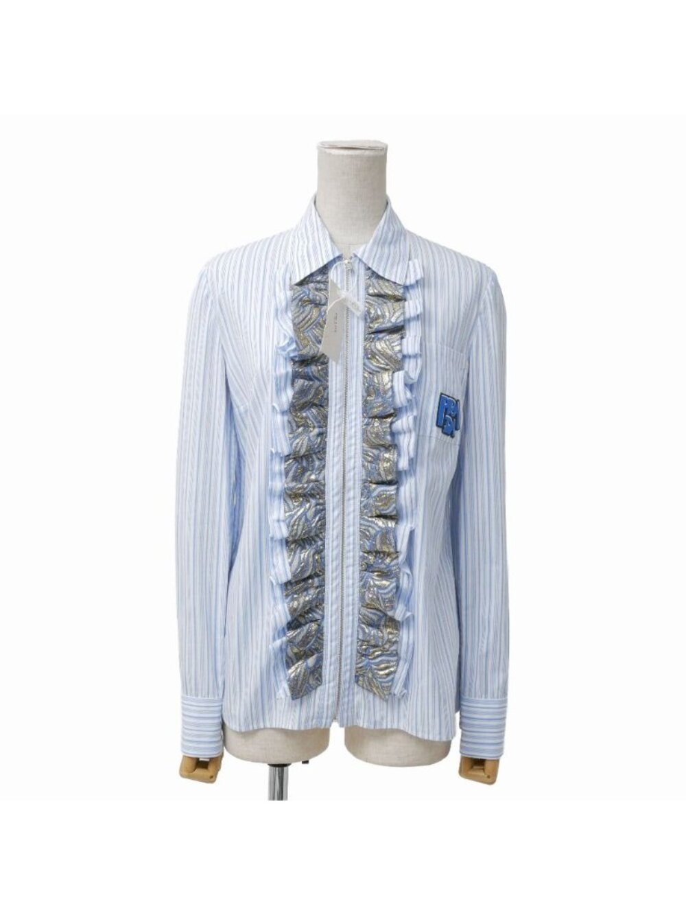 Prada Long Sleeve Shirt 38 Striped Zip Up Ruffles Rubber Logo